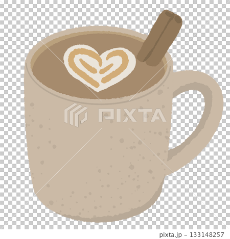 Cozy latte mug with cinnamon stick and heart foam art warm Scandinavian hygge winter drink illustration in soft neutral minimal aesthetic 133148257