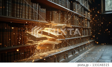 Ancient books emanating magical golden light sparks in library shelves, creating mystical knowledge atmosphere. Concept of wisdom, learning and education inspiration 133148315