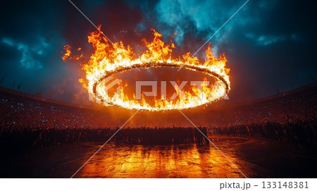 Burning ring of fire illuminating stadium crowd at night concert. Dramatic entertainment spectacle with special effects creating immersive atmosphere 133148381