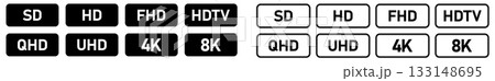 Set of simple black and white video or display resolution icons - text in small rounded rectangle 133148695