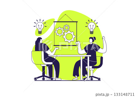 Teamwork web concept with flat people for website design. Businesswomen working in team, brainstorming, generating ideas, researching innovations for project at meeting together. Vector illustration. 133148711