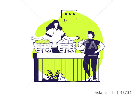 Street shops web concept with flat people for website design. Woman working in stall kiosk and fruits and vegetables. Small business with trading fresh farmer produce and harvest. Vector illustration. Street shops web concept with flat people for website design. Woman working in stall kiosk and fruits and vegetables. Small business with trading fresh farmer produce and harvest. Vector illustration. 133148734