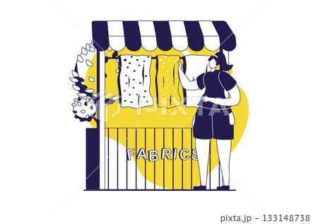 Street shops web concept with flat people for website design. Woman working in stall kiosk and selling fabrics and textile. Small business with trading sewing craft for handmade. Vector illustration. Street shops web concept with flat people for website design. Woman working in stall kiosk and selling fabrics and textile. Small business with trading sewing craft for handmade. Vector illustration. 133148738