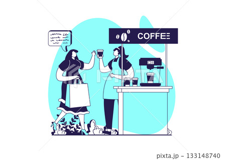 Street shops web concept with flat people for website design. Woman working in stall kiosk and selling take away coffee, customer buying hot drink in cup from local bistro shop. Vector illustration. Street shops web concept with flat people for website design. Woman working in stall kiosk and selling take away coffee, customer buying hot drink in cup from local bistro shop. Vector illustration. 133148740