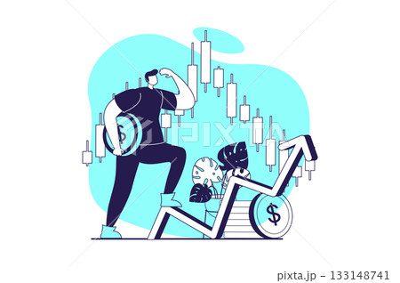 Stock market web concept with flat people for website design. Man investing money, analyzing data with bar charts, creating success strategy for trading, monitoring assets. Vector illustration. Stock market web concept with flat people for website design. Man investing money, analyzing data with bar charts, creating success strategy for trading, monitoring assets. Vector illustration. 133148741