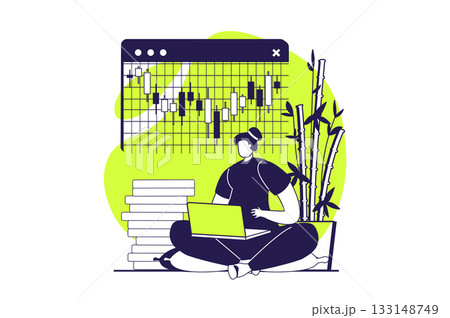 Stock market web concept with flat people for website design. Woman trading and investing money, analyzing and forecasting trends, creating success strategy for buy and sell. Vector illustration. Stock market web concept with flat people for website design. Woman trading and investing money, analyzing and forecasting trends, creating success strategy for buy and sell. Vector illustration. 133148749