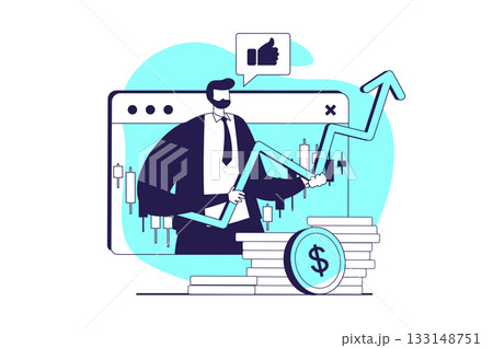 Stock market web concept with flat people for website design. Man trading and investing money, analyzing online trends, creating success strategy for buy and sell, earning profit. Vector illustration. Stock market web concept with flat people for website design. Man trading and investing money, analyzing online trends, creating success strategy for buy and sell, earning profit. Vector illustration. 133148751