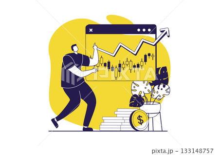 Stock market web concept with flat people for website design. Man analyzing financial statistics with bar chart at screen, forecasting market trends, buy or sell with strategy. Vector illustration. Stock market web concept with flat people for website design. Man analyzing financial statistics with bar chart at screen, forecasting market trends, buy or sell with strategy. Vector illustration. 133148757