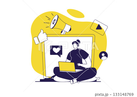 Social media marketing web concept with flat people for website design. Woman making promotion and advertisement, creating video and digital content, attracting new clients. Vector illustration. 133148769