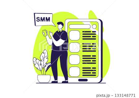 Social media marketing web concept with flat people for website design. Man making promotion with smm strategy, using popular content, influencing and attracting audience in blog. Vector illustration. Social media marketing web concept with flat people for website design. Man making promotion with smm strategy, using popular content, influencing and attracting audience in blog. Vector illustration. 133148771
