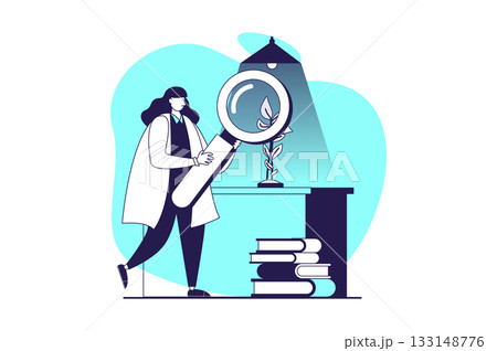 Science laboratory web concept with flat people for website design. Woman with magnifier learning plant growth, making botanical research in lab, doing biotechnology engineering. Vector illustration. Science laboratory web concept with flat people for website design. Woman with magnifier learning plant growth, making botanical research in lab, doing biotechnology engineering. Vector illustration. 133148776