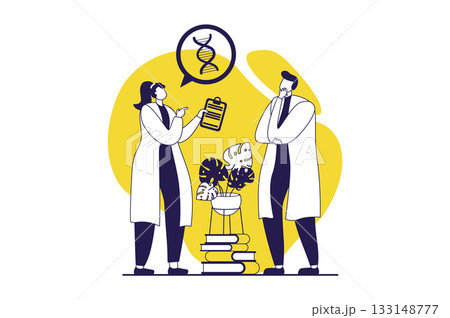 Science laboratory web concept with flat people for website design. Man and woman learning and discussing dna spiral structure, making scientific and genetic research in lab. Vector illustration. 133148777