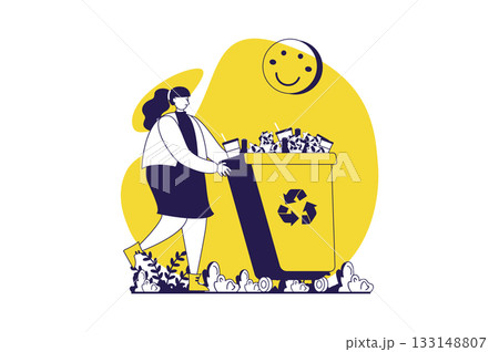 People collecting garbage web concept with flat people for website design. Woman collecting waste in disposal bin, gathering, sorting and recycling trash, cleaning in public park. Vector illustration. 133148807