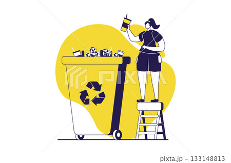 People collecting garbage web concept with flat people for website design. Woman throwing cup in disposal bin for paper trash, sorting waste for recycling, caring ecology. Vector illustration. People collecting garbage web concept with flat people for website design. Woman throwing cup in disposal bin for paper trash, sorting waste for recycling, caring ecology. Vector illustration. 133148813