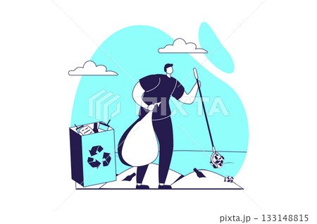 People collecting garbage web concept with flat people for website design. Man volunteer picking waste, cleaning at sea beach, sorting trash into separate bins for recycling. Vector illustration. 133148815
