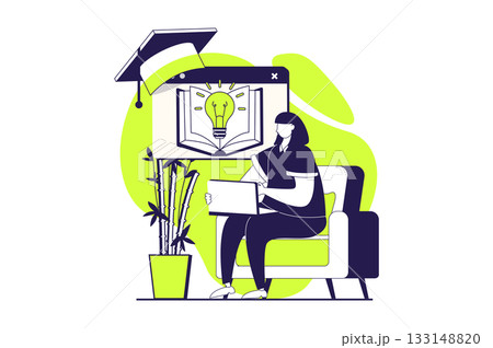 Online education web concept with flat people for website design. Woman learning at distance course, using digital library service, reading textbooks at laptop, gets information. Vector illustration. 133148820