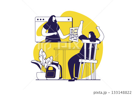 Online education web concept with flat people for website design. Woman learning at distance class, taking exam with success result, connecting with teacher by video conference. Vector illustration. 133148822