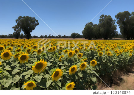 A field of sunflowers with a clear blue sky in the background, neural network generated image A field of sunflowers with a clear blue sky in the background, neural network generated image 133148874