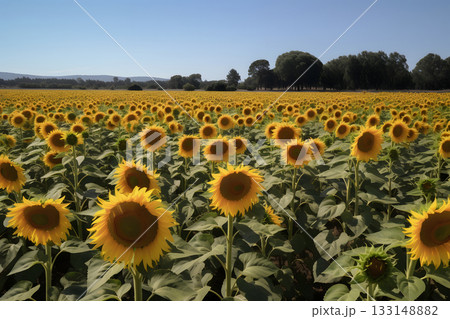 A field of sunflowers with a clear blue sky in the background, neural network generated image A field of sunflowers with a clear blue sky in the background, neural network generated image 133148882