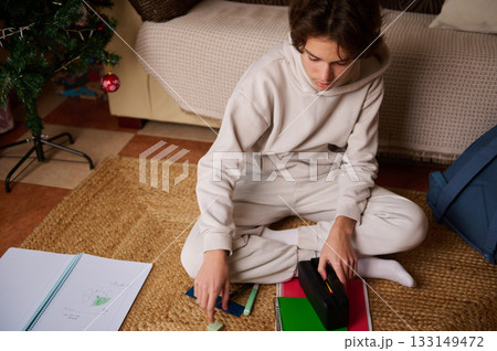 Teenage Boy Studying At Home With Notebooks And Pencil Case Under Christmas Tree 133149472