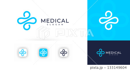 Medical Cross Logo Clinic Hospital of Health Therapy, Science Neural Tech Label Line Icon, Biotech Biohacking Blue Plus Symbol Logotype, AI Medicine Logos Design. Doctor Emblem. Vector illustration 133149604