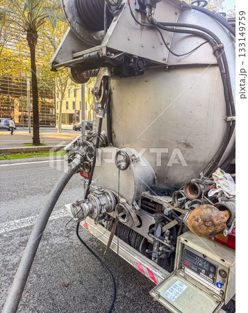 Industrial Vacuum Tanker Truck Mechanism Close-Up 133149759