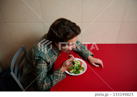Teenager Boy Eating Salad At Red Table In Casual Plaid Shirt 133149825