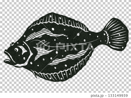 一張用紙剪紙繪製的美味冬季比目魚插圖。 133149939
