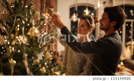 Couple hanging ornaments on Christmas tree. Holiday lights, golden baubles and festive mood for Christmas and New Year celebration 133149980