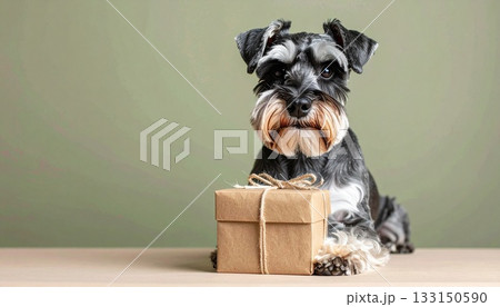 ミニチュアシュナウザーとクラフトギフトのオリーブ背景・ナチュラル温感シーン ミニチュアシュナウザーとクラフトギフトのオリーブ背景・ナチュラル温感シーン 133150590