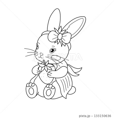 Adorable bunny character with bow sitting, holding strawberry. Sweet black and white line art illustration for kids, nursery decor. Whimsical vector animal for storybooks and educational materials 133150636