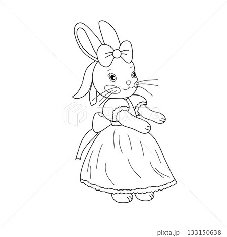 Cute line art illustration of a bunny in a dress with a big bow. Black and white outline drawing for coloring pages, children books, cards and educational materials. Vector. 133150638