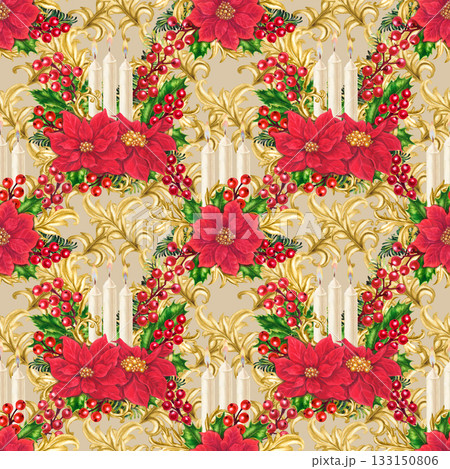 Red poinsettias, burning candles, holly berries, ribbons. Watercolor seamless pattern on a beige background for Christmas decor, greeting cards, tablecloths, home design, wrapping paper, textiles 133150806