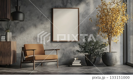Vertical framed poster mockup on wall with natural sunlight, green indoor plants, wooden cabinet and decorative lamp. Contemporary interior home background 133151000