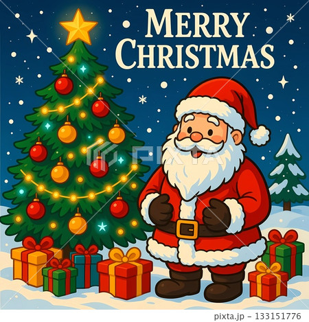 A festive scene features a jolly Santa Claus standing next to a beautifully decorated Christmas tree Generative AI A festive scene features a jolly Santa Claus standing next to a beautifully decorated Christmas tree Generative AI 133151776