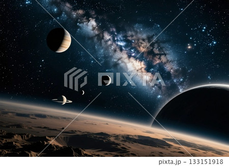 Bright planets and a stunning galaxy greet the viewer in the vastness of space. The scene captures the awe of celestial wonders and distant star formations Generative AI 133151918