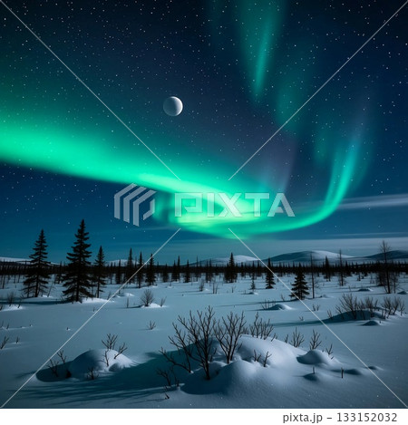 Bright northern lights dance across the wintry tundra at night, creating a magical atmosphere in celebration of Christmas and New Year amidst snowy landscapes and evergreen trees Generative AI 133152032