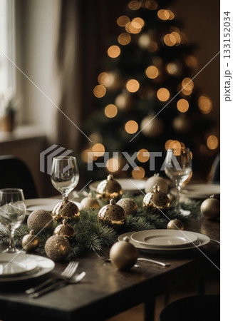 A beautifully set dining table awaits guests, with gold ornaments and green garlands complementing the warm ambiance of a decorated Christmas tree Generative AI 133152034