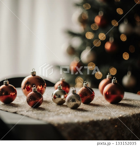 Decorative ornaments in various colors and textures are artfully placed on a shimmering tablecloth, while a beautifully lit Christmas tree adds a warm festive glow in the background Generative AI 133152035