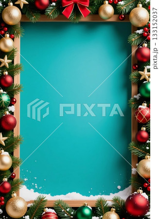 A vibrant holiday frame adorned with shiny red, gold, and green ornaments, surrounded by pine branches and festive decorations, perfect for seasonal greetings at Christmas and New Year Generative AI 133152037