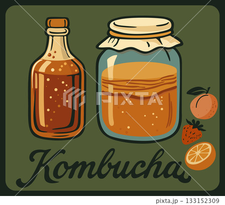 Kombucha tea retro vector poster with vintage lettering 133152309