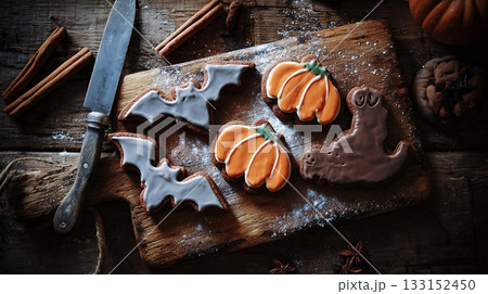 Assorted Halloween cookies shaped like bats, pumpkins and ghosts with colorful icing on rustic wooden board. Festive homemade holiday treats Assorted Halloween cookies shaped like bats, pumpkins and ghosts with colorful icing on rustic wooden board. Festive homemade holiday treats 133152450