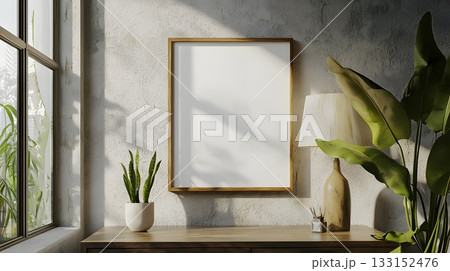 Minimalist vertical poster mockup with wooden frame, wicker chair, rustic wall texture, pampas grass and large window light. Warm and natural interior concept 133152476