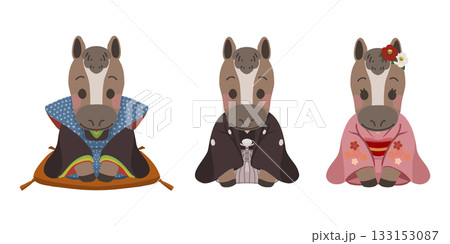 着物姿と袴姿の馬が正座で挨拶をしているイラスト 着物姿と袴姿の馬が正座で挨拶をしているイラスト 133153087