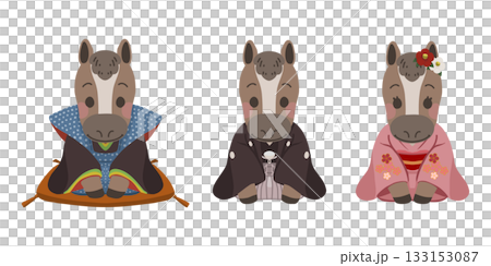 着物姿と袴姿の馬が正座で挨拶をしているイラスト 着物姿と袴姿の馬が正座で挨拶をしているイラスト 133153087