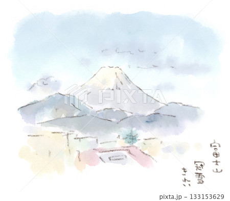 関東側（多摩地域）から見た雪を被った富士山の水彩画イラスト – 草花