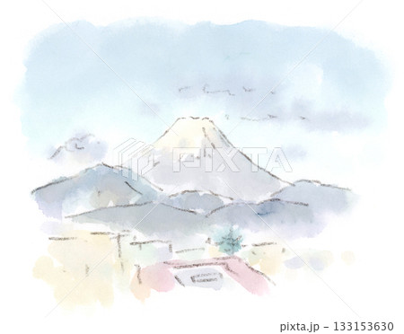 関東側（多摩地域）から見た雪を被った富士山の水彩画イラスト 133153630