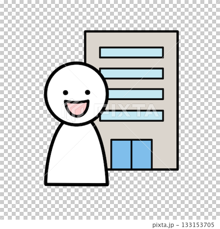 一個面帶微笑的人站在一棟建築物前。 133153705