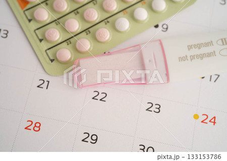Pregnancy test with birth control pills for female of ovulation day, fetus, maternity, childbirth. 133153786