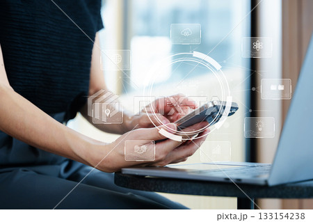 Woman using chat bot in smartphone intelligence Ai. Chat with AI Artificial Intelligence, developed by OpenAI generate. 133154238